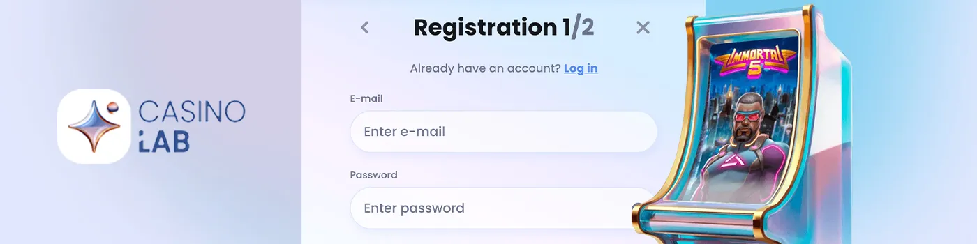 Screenshot of CasinoLab registration screen with fields to enter email and password,